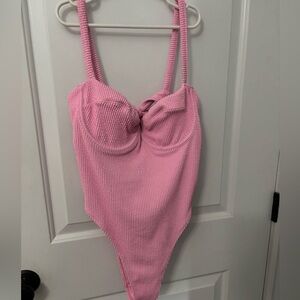 H&M Pink One Piece Swimsuit with Textured Bustier and Spaghetti Straps